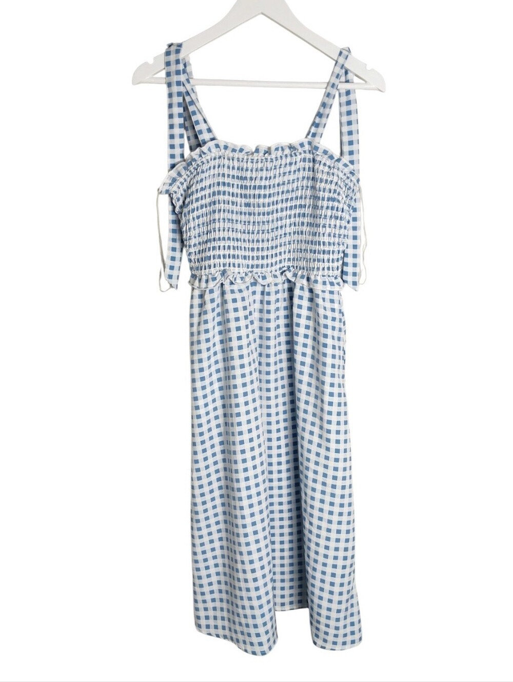 Lily Rose Smocked Tie-Shoulder Blue Gingham A Line Midi Dress Small Prairecore